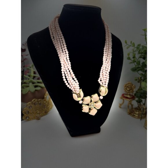 Vintage VB Pink Beaded Statement Necklace Gold Tone Enamel Flower Signed Rare - Picture 5 of 9